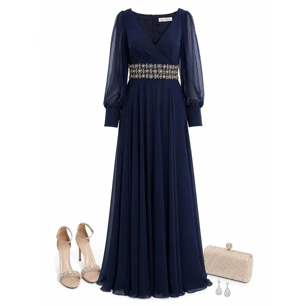 Mac Duggal Midnight Blue Embellished Waist Chiffon Gown Size 8 NWT Formal Dress